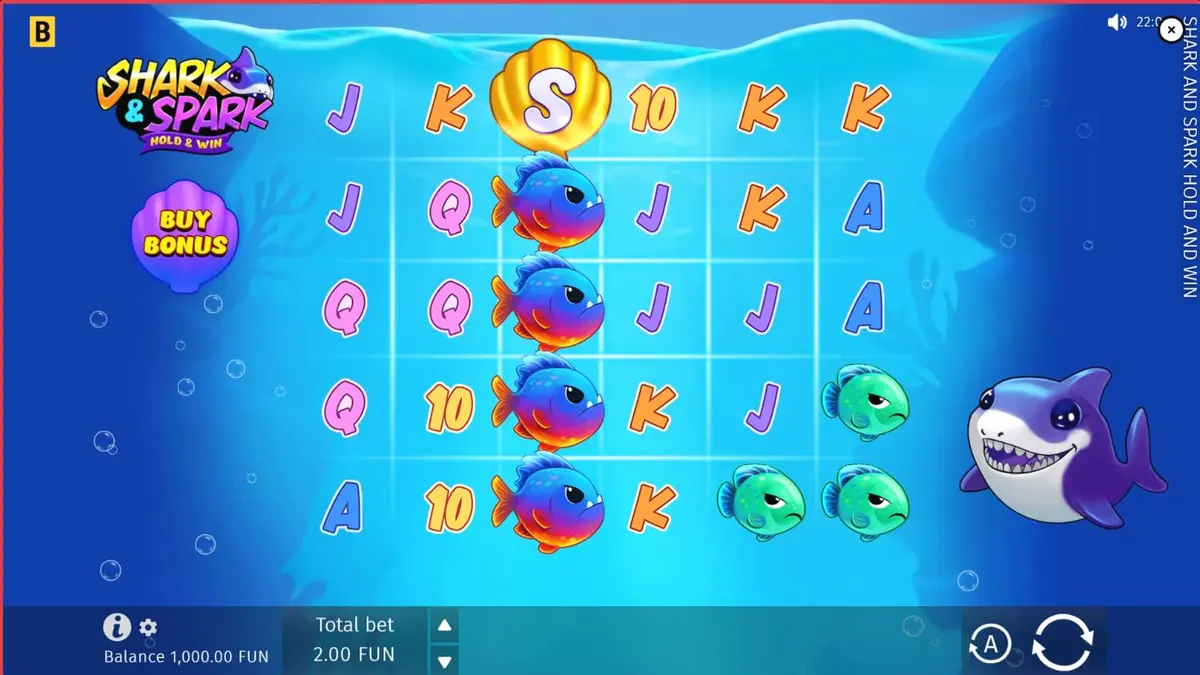Tampilan visual slot Shark & Spark Hold & Win dengan tema bawah laut yang ceria