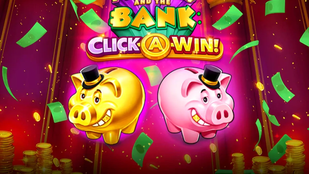 Piggies and the Bank: Click-A-Win slot game interface featuring a dapper piggy bank and golden coins.