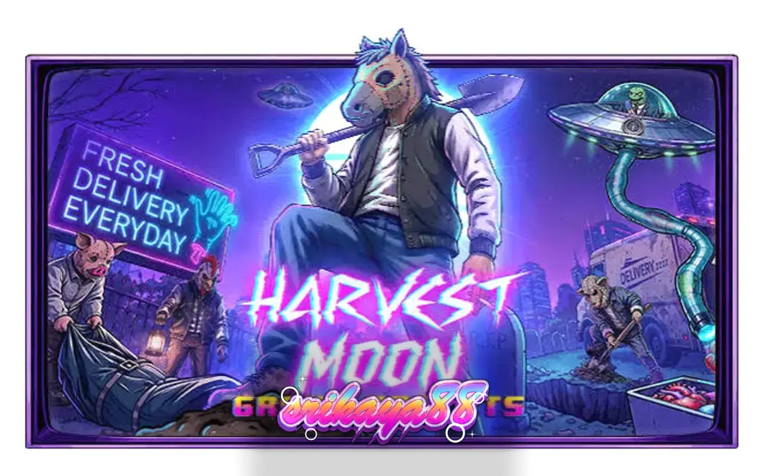 Tampilan visual slot Harvest Moon Grave Profits dengan tema horor dan organ tubuh