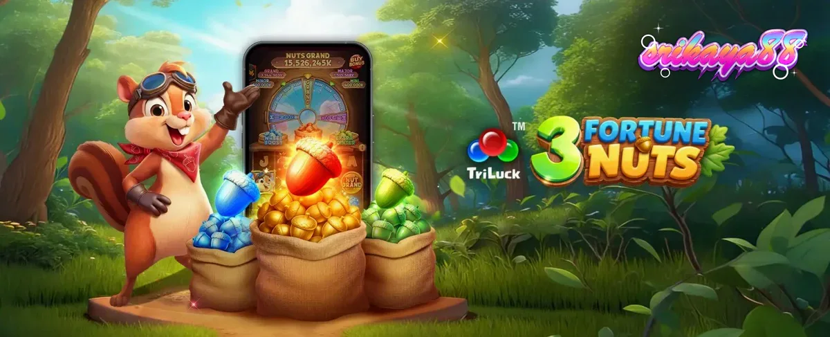 Tampilan visual slot 3 Fortune Nuts dengan tema hutan dan kacang